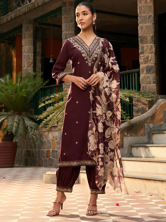 Burgundy Embroidered Straight Kurta Salwar With Dupatta set