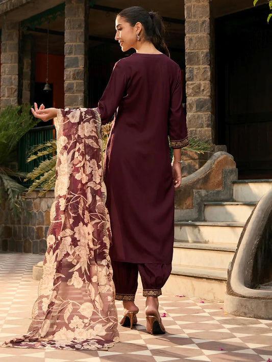 Burgundy Embroidered Straight Kurta Salwar With Dupatta set