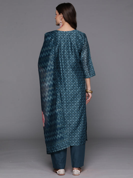 Indo Era Teal Printed Straight Kurta Trousers With Dupatta Set