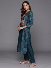 Indo Era Teal Printed Straight Kurta Trousers With Dupatta Set