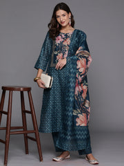 Indo Era Teal Printed Straight Kurta Trousers With Dupatta Set