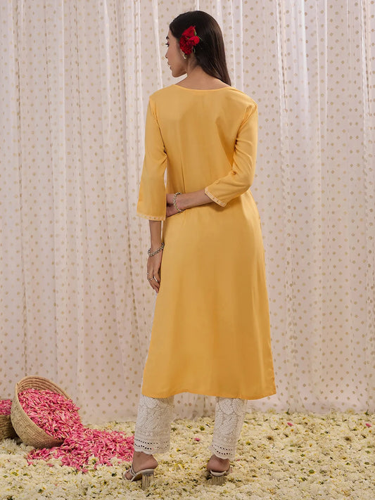 Yellow Embroidered Straight Kurtas