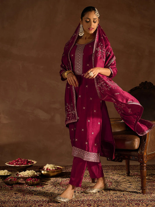 Maroon Embroidered Straight Kurta Trousers With Dupatta set