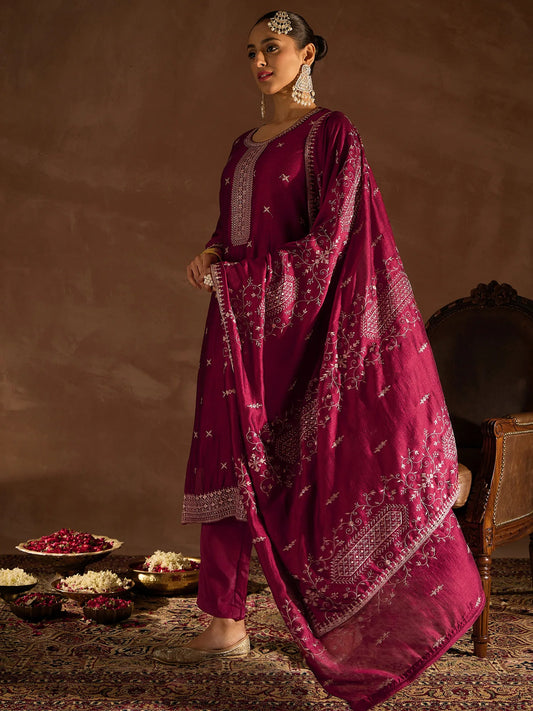 Maroon Embroidered Straight Kurta Trousers With Dupatta set