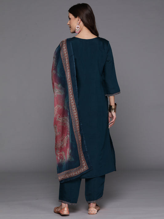 Indo Era Teal Embroidered Straight Kurta Trousers With Dupatta Set