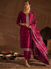 Maroon Embroidered Straight Kurta Trousers With Dupatta set