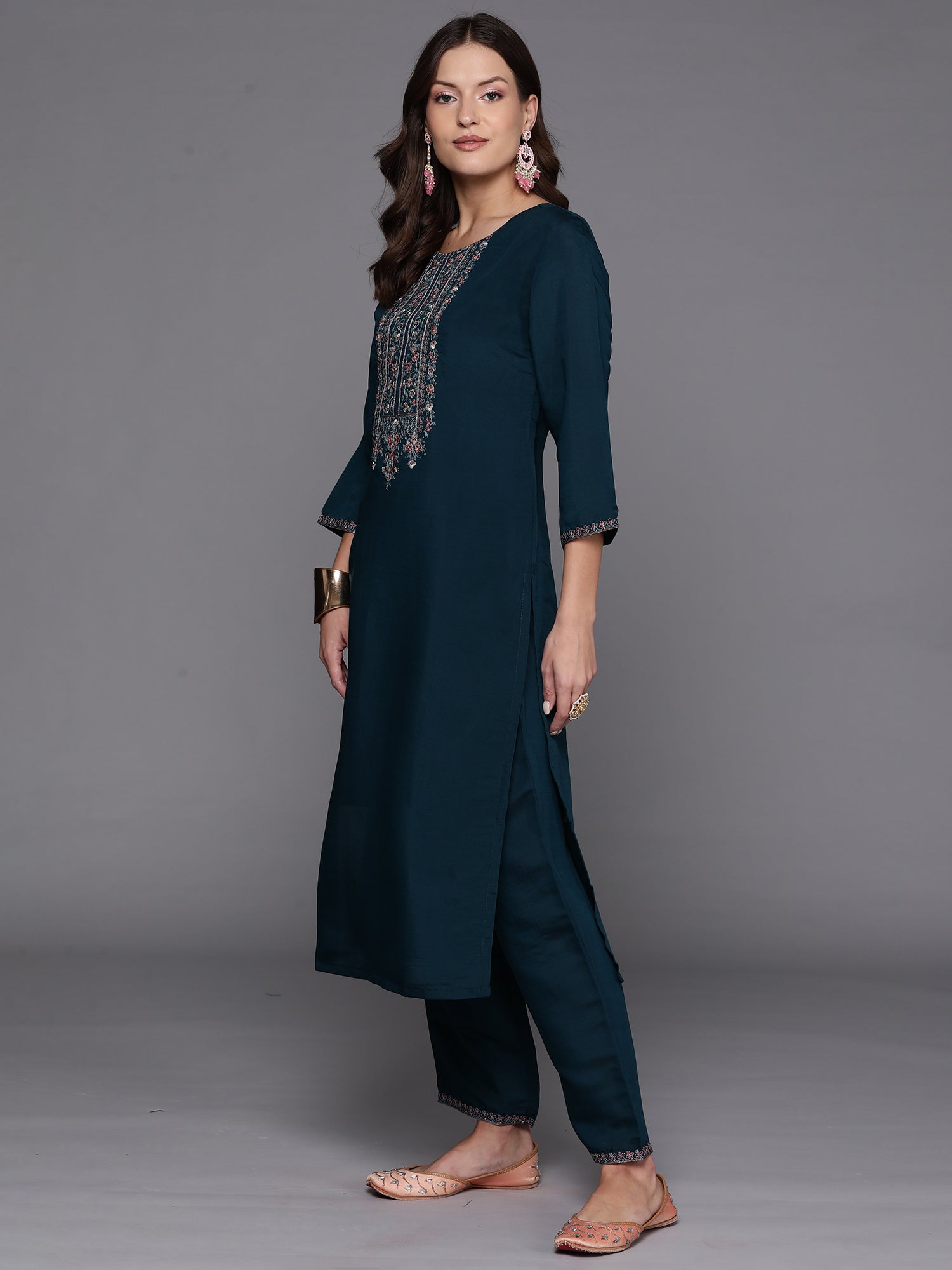 Indo Era Teal Embroidered Straight Kurta Trousers With Dupatta Set