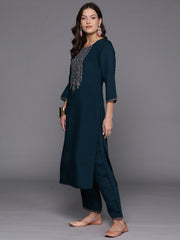 Indo Era Teal Embroidered Straight Kurta Trousers With Dupatta Set