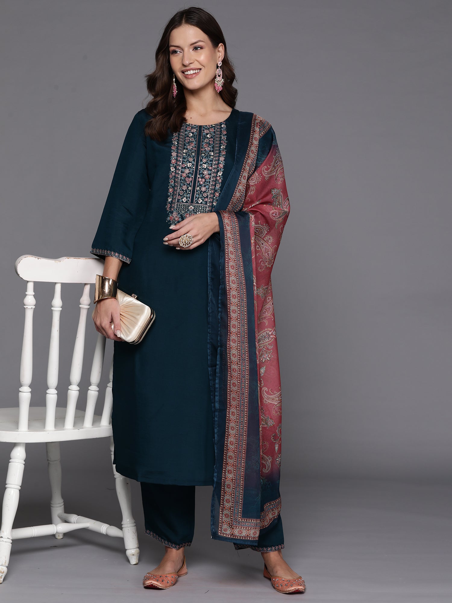 Indo Era Teal Embroidered Straight Kurta Trousers With Dupatta Set