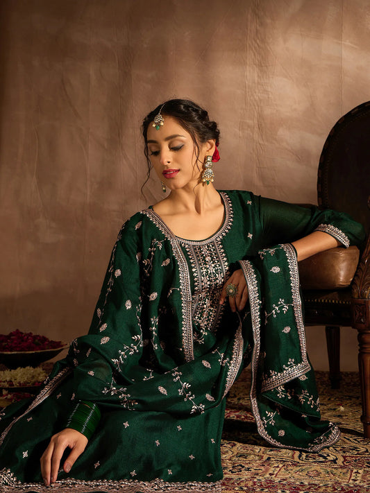 Green Embroidered Straight Kurta Trousers With Dupatta set