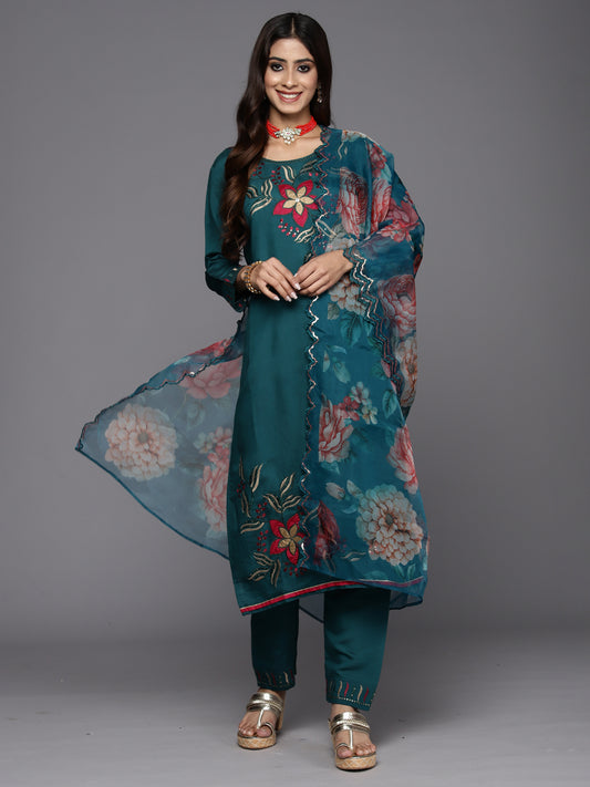 Indo Era Teal Embroidered Straight Kurta Trousers With Dupatta Set