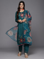 Indo Era Teal Embroidered Straight Kurta Trousers With Dupatta Set