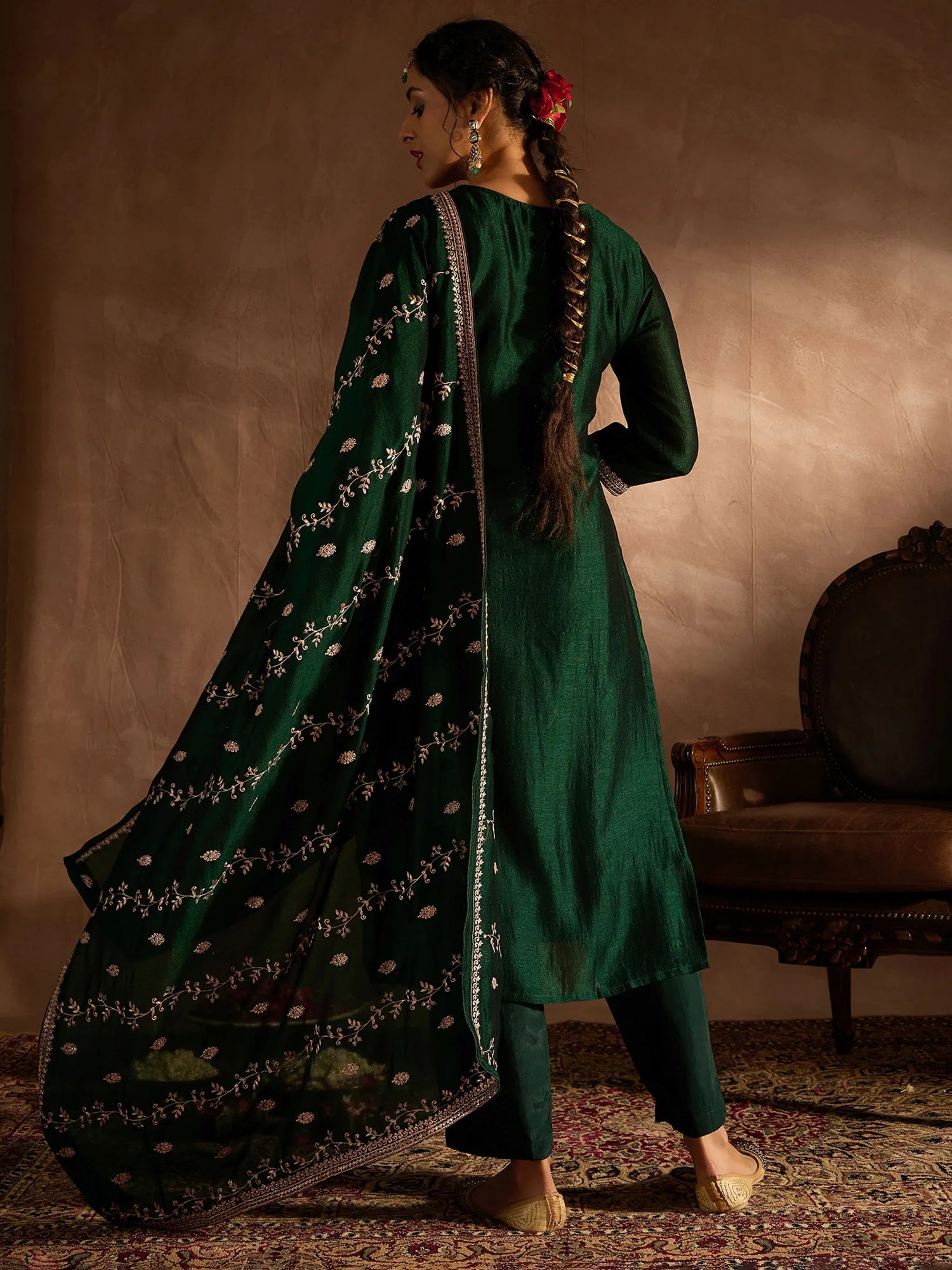 Green Embroidered Straight Kurta Trousers With Dupatta set