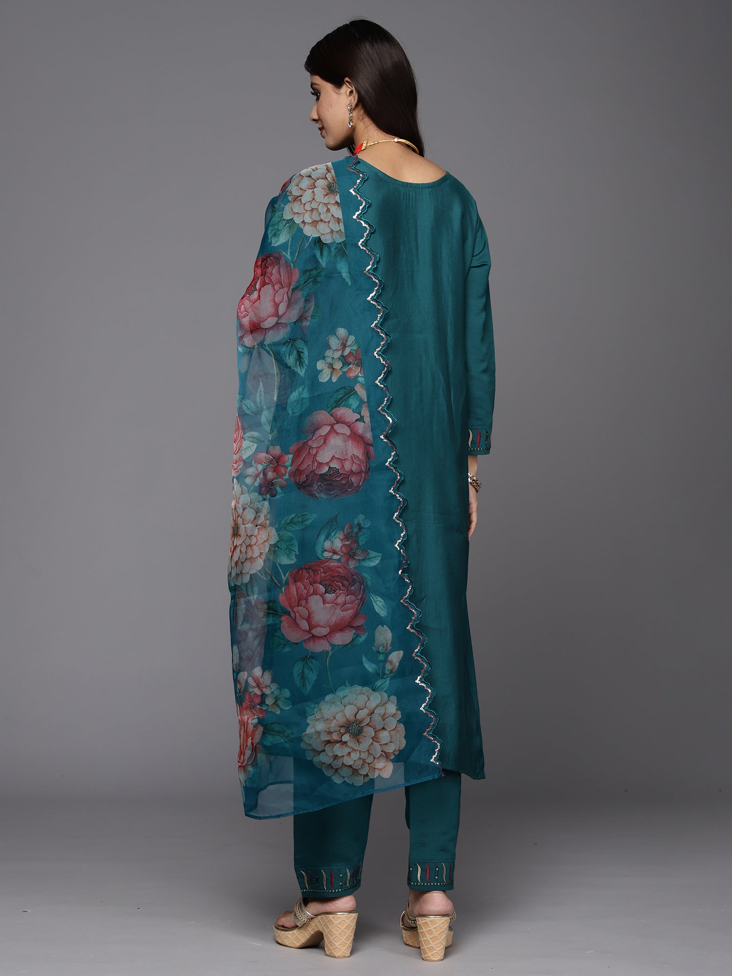 Indo Era Teal Embroidered Straight Kurta Trousers With Dupatta Set