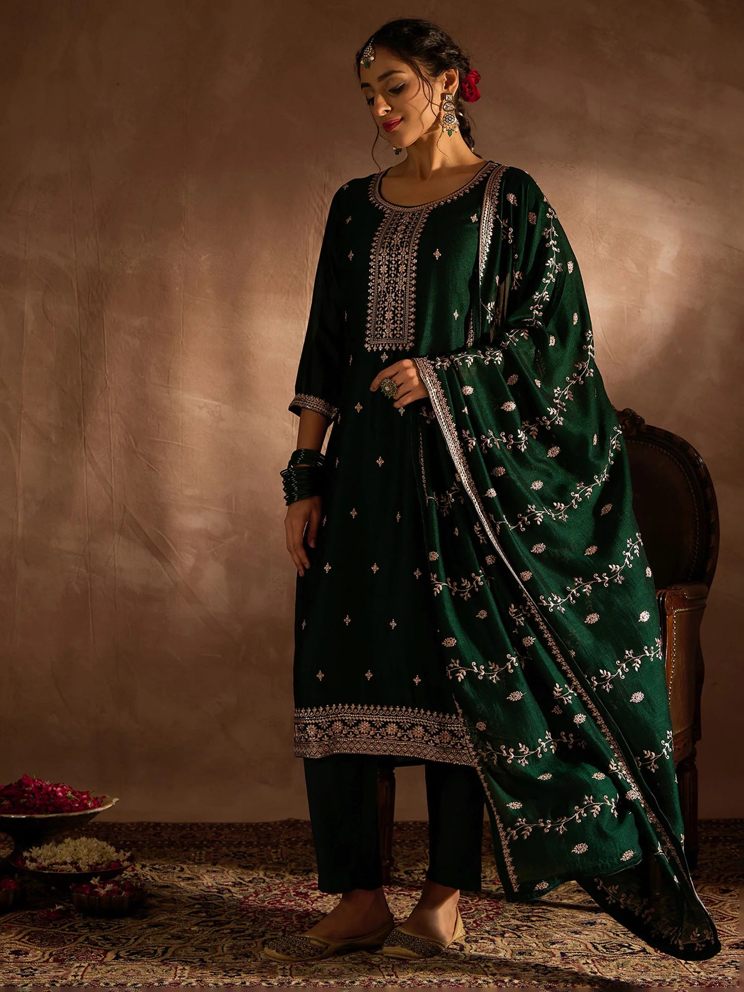 Green Embroidered Straight Kurta Trousers With Dupatta set