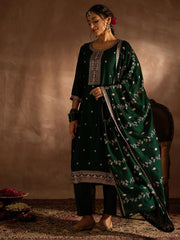 Green Embroidered Straight Kurta Trousers With Dupatta set