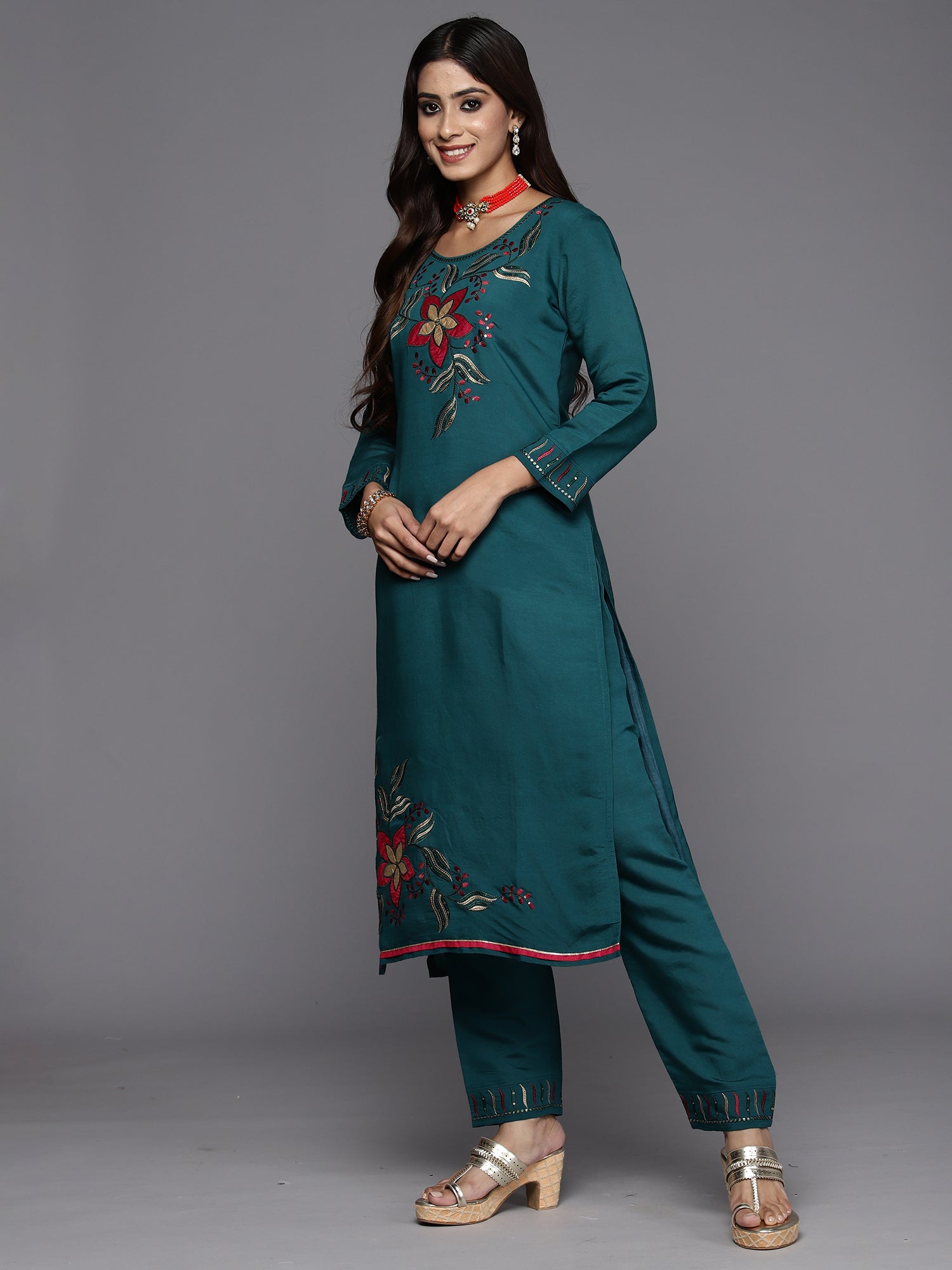 Indo Era Teal Embroidered Straight Kurta Trousers With Dupatta Set