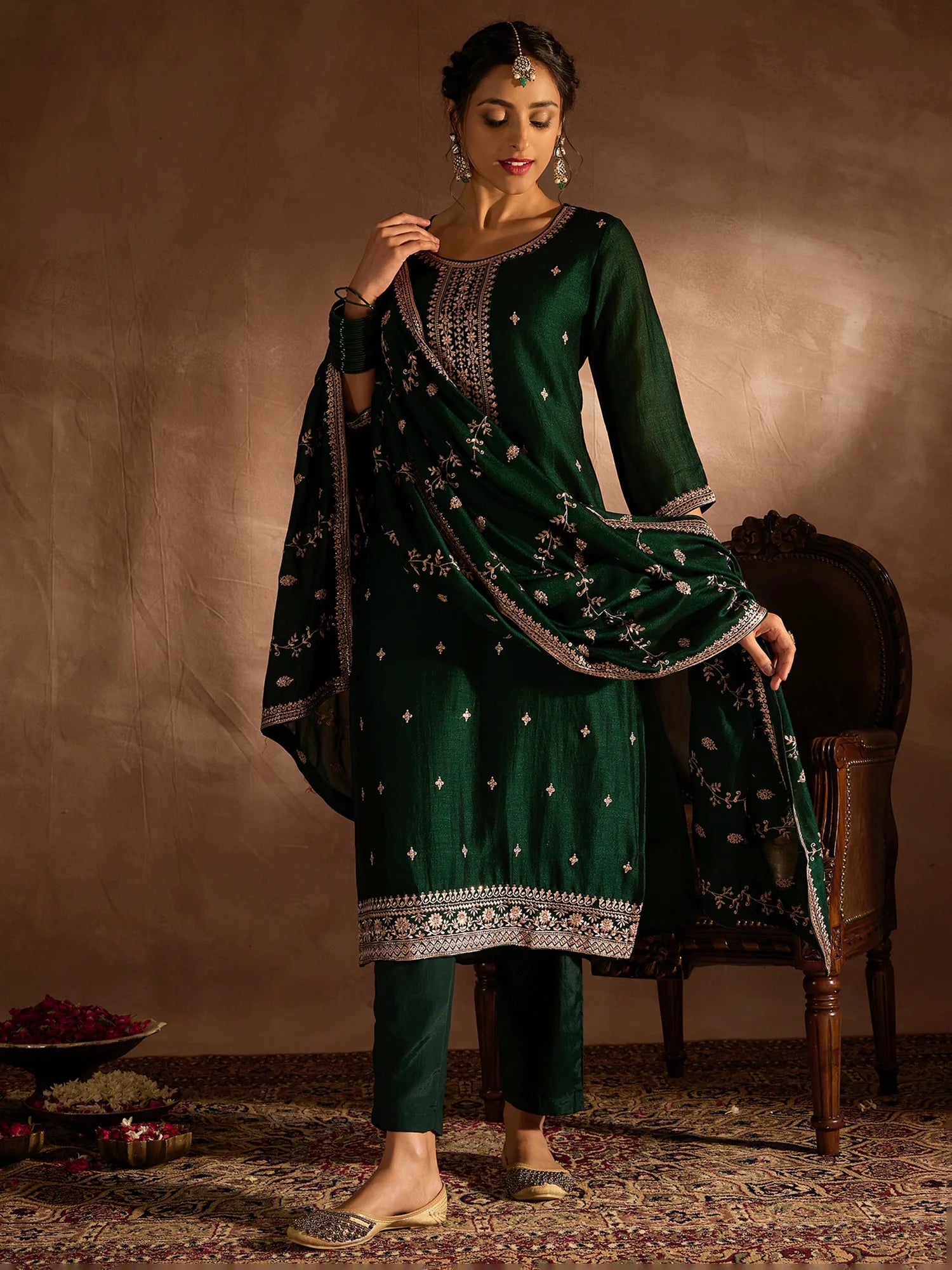 Green Embroidered Straight Kurta Trousers With Dupatta set