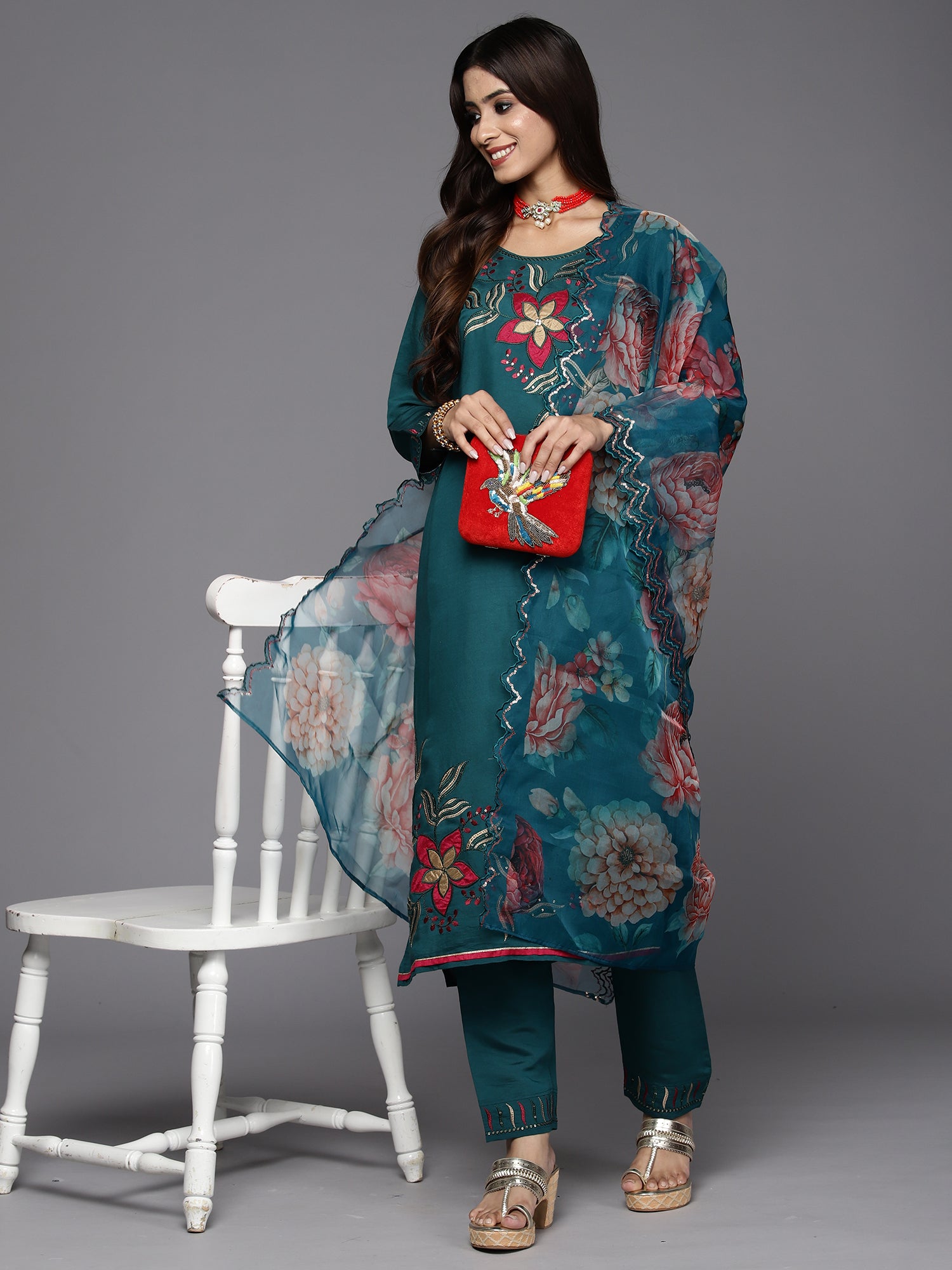 Indo Era Teal Embroidered Straight Kurta Trousers With Dupatta Set