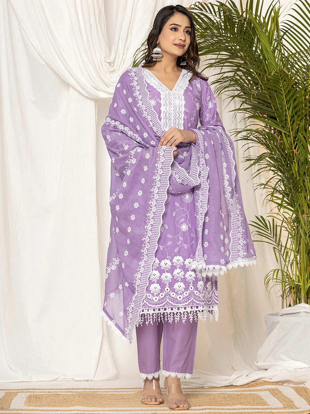 Lavender Embroidered Straight Kurta Trousers set