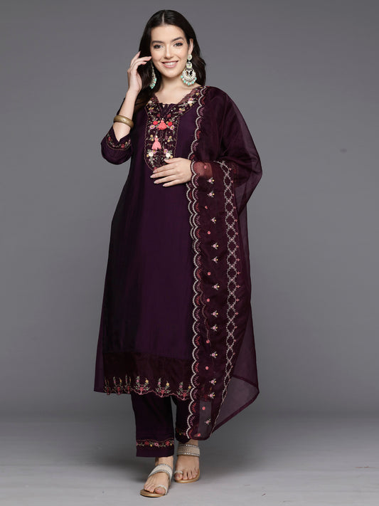 Indo Era Burgundy Embroidered A-Line Kurta Trousers With Dupatta Set