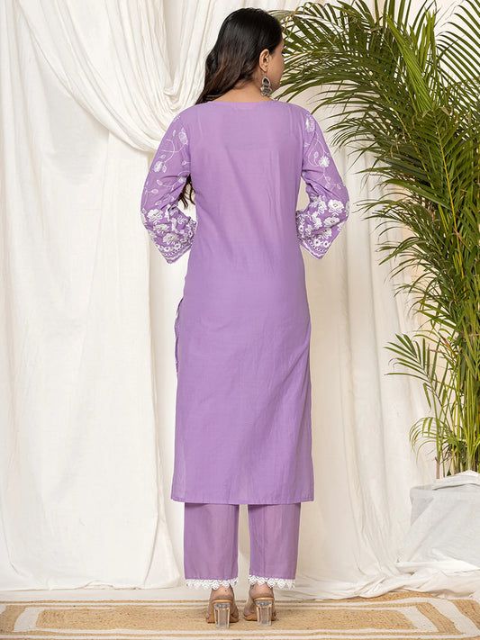 Lavender Embroidered Straight Kurta Trousers set