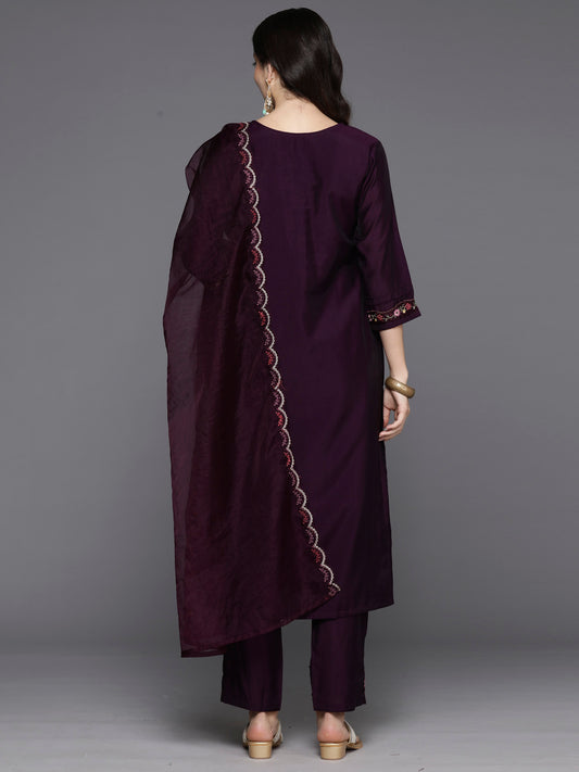 Indo Era Burgundy Embroidered A-Line Kurta Trousers With Dupatta Set