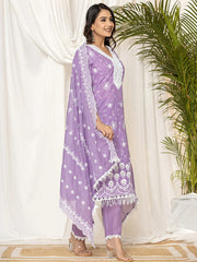 Lavender Embroidered Straight Kurta Trousers set