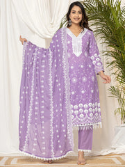 Lavender Embroidered Straight Kurta Trousers set