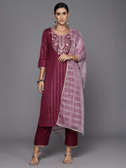 Indo Era Burgundy Embroidered Straight Kurta Trousers With Dupatta Set