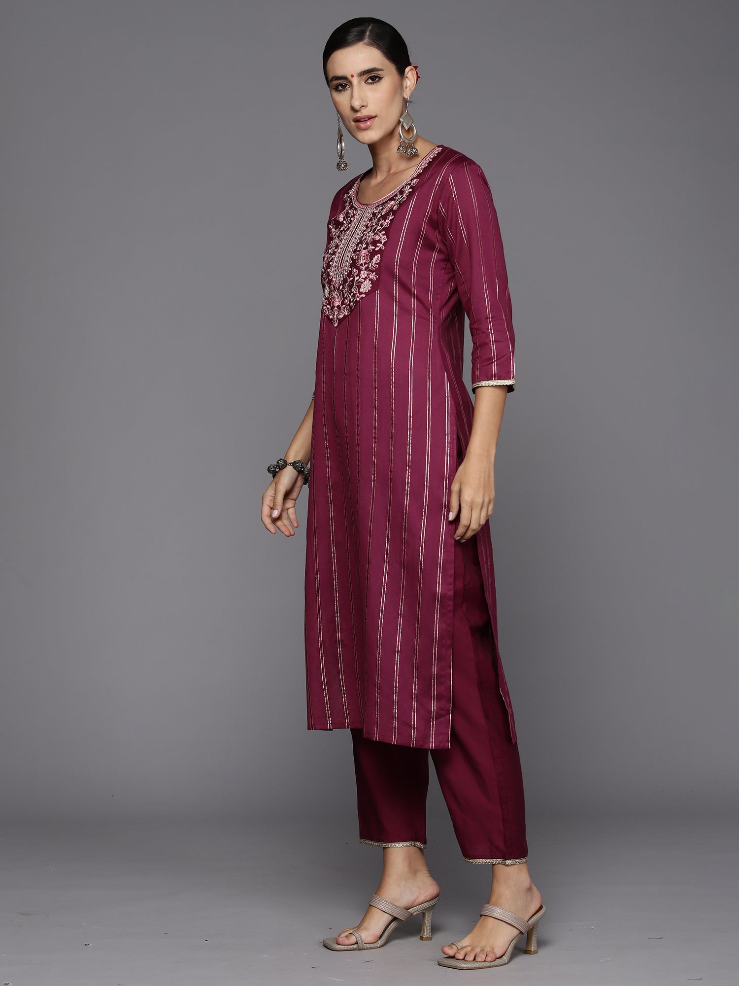 Indo Era Burgundy Embroidered Straight Kurta Trousers With Dupatta Set