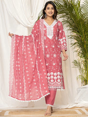 Rust Embroidered Straight Kurta Trousers set