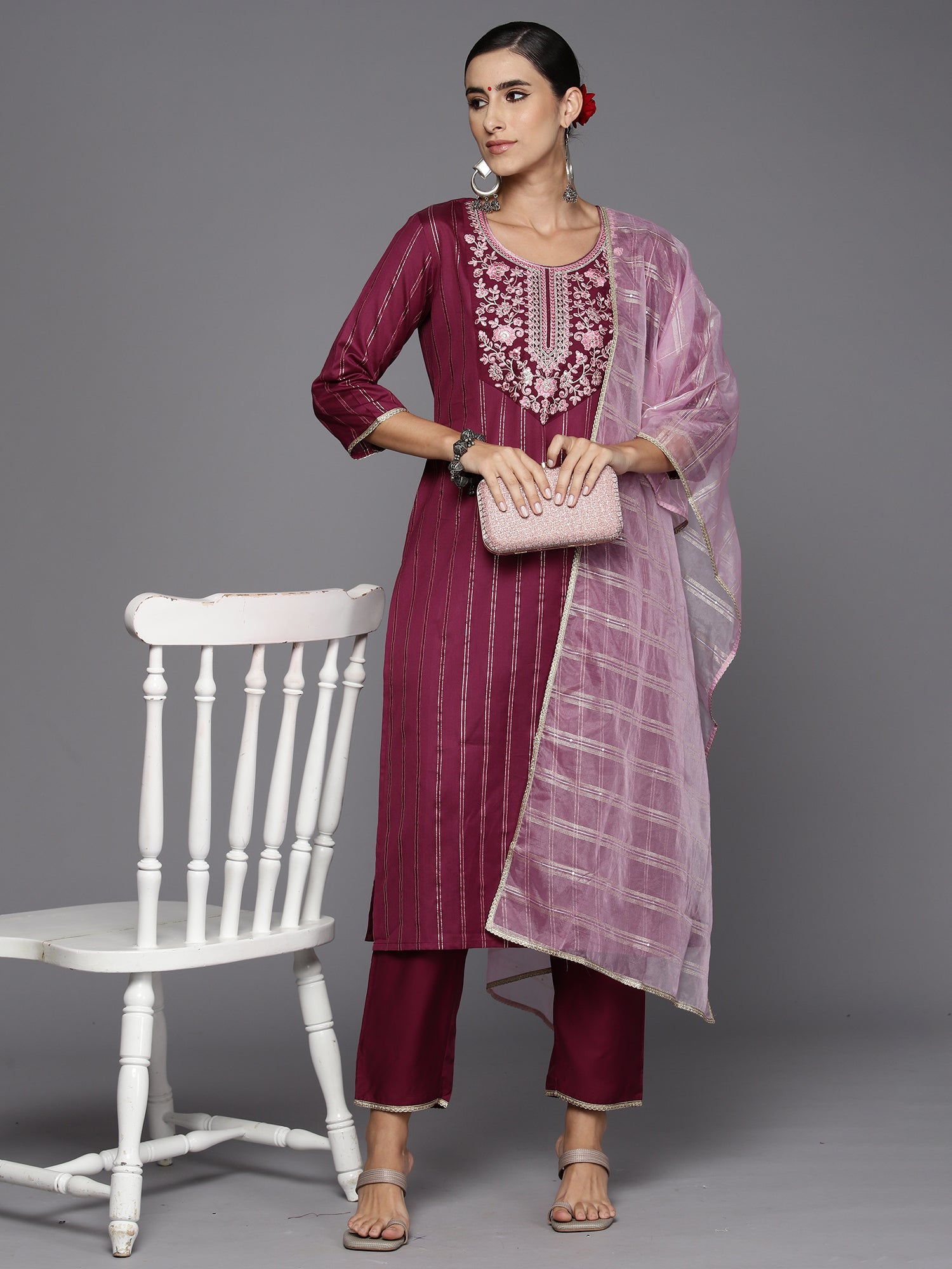 Indo Era Burgundy Embroidered Straight Kurta Trousers With Dupatta Set