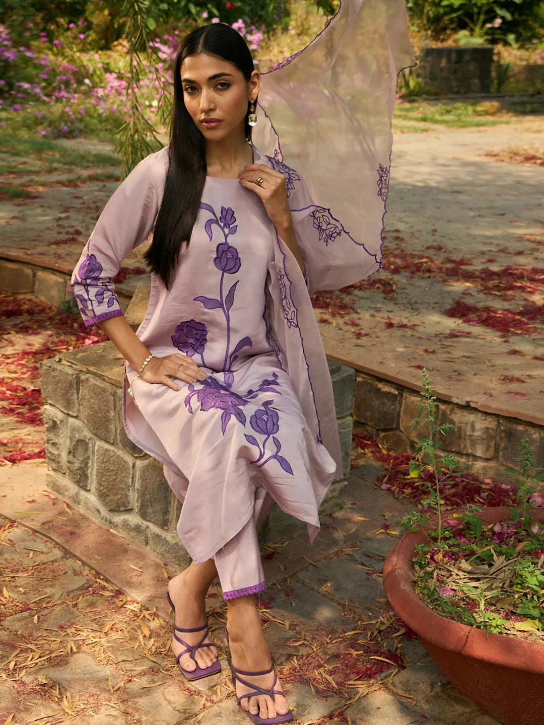 Purple Embroidered Straight Kurta Trousers With Dupatta set