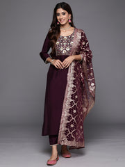 Indo Era Wine Embroidered Straight Kurta Trousers With Dupatta Set