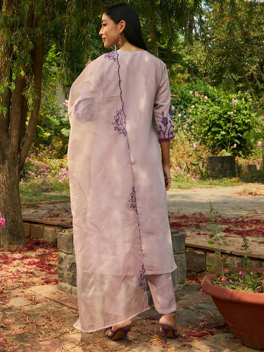 Purple Embroidered Straight Kurta Trousers With Dupatta set