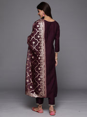 Indo Era Wine Embroidered Straight Kurta Trousers With Dupatta Set