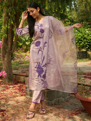 Purple Embroidered Straight Kurta Trousers With Dupatta set