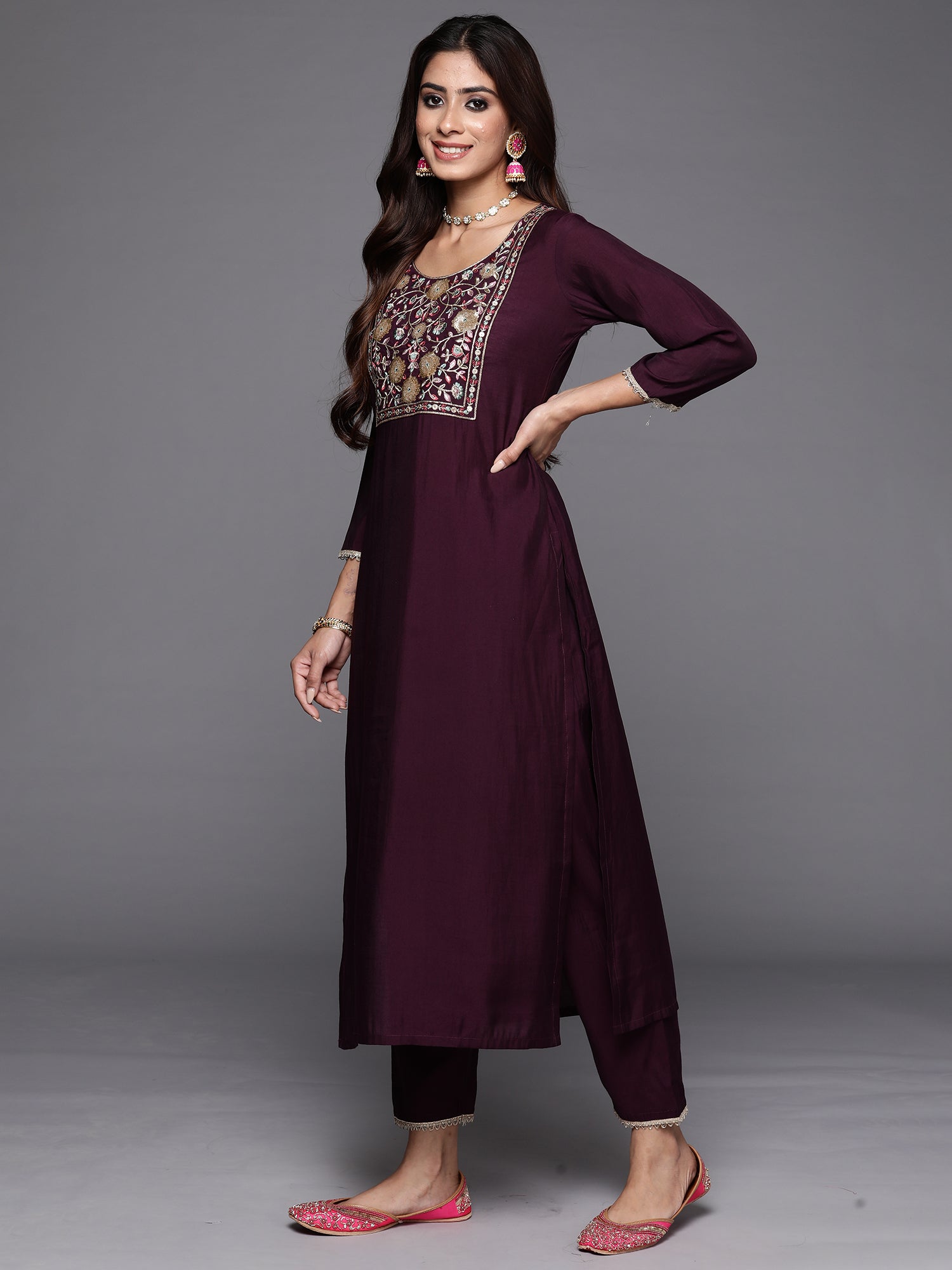 Indo Era Wine Embroidered Straight Kurta Trousers With Dupatta Set