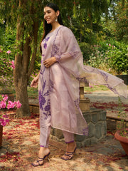 Purple Embroidered Straight Kurta Trousers With Dupatta set