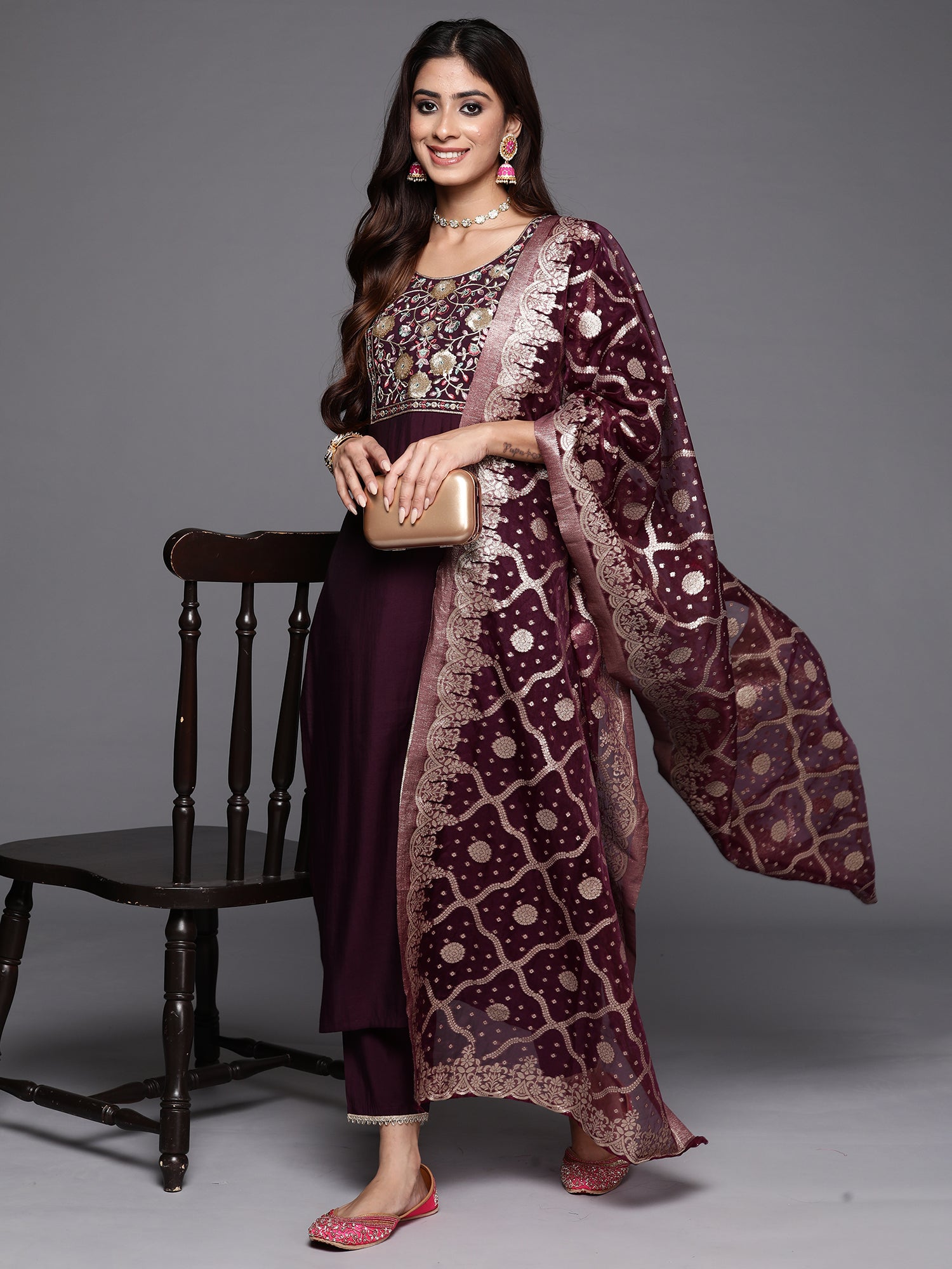 Indo Era Wine Embroidered Straight Kurta Trousers With Dupatta Set