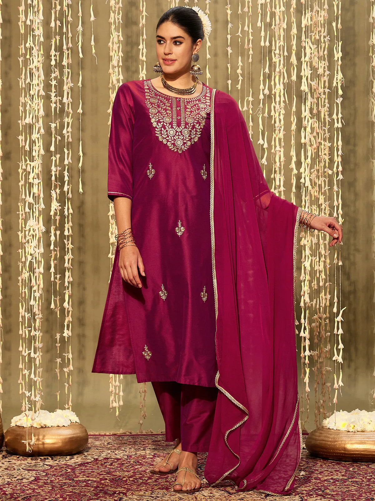 Magenta Embroidered Straight Kurta Trousers With Dupatta set