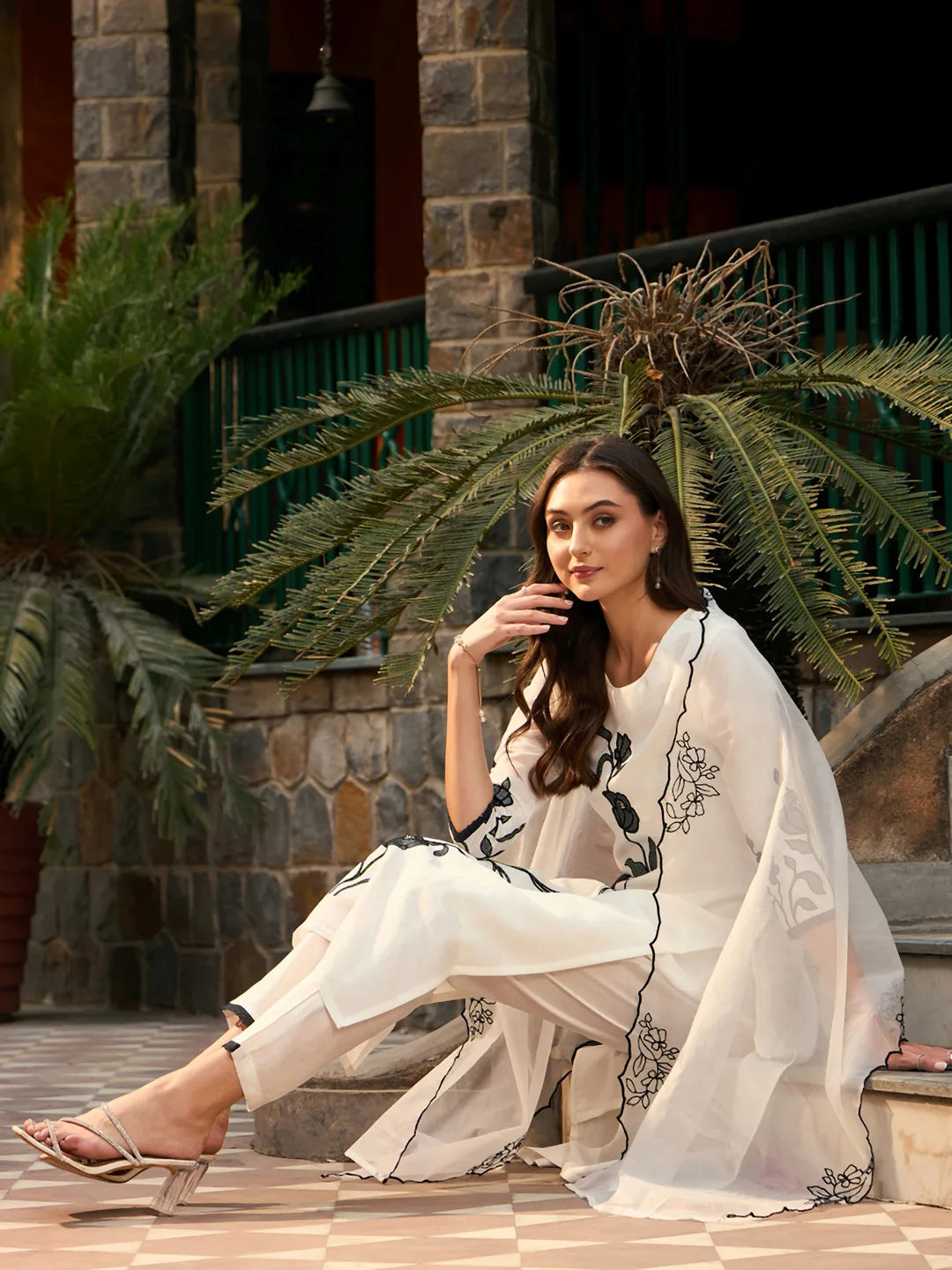 White Embroidered Straight Kurta Trousers With Dupatta set