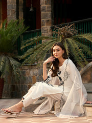 White Embroidered Straight Kurta Trousers With Dupatta set