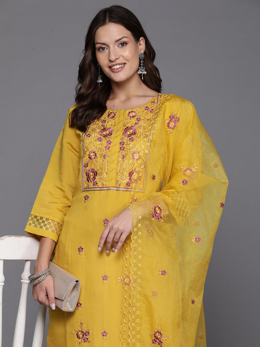 Indo Era Yellow Embroidered Straight Kurta Trousers With Dupatta Set