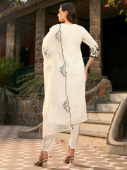 White Embroidered Straight Kurta Trousers With Dupatta set