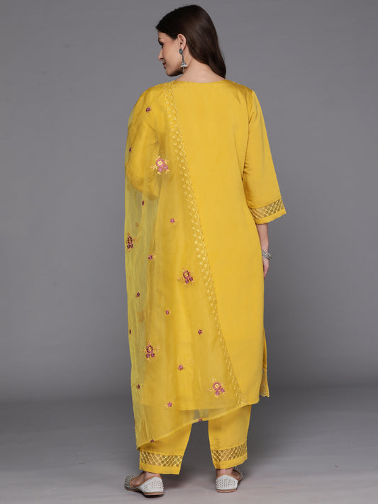 Indo Era Yellow Embroidered Straight Kurta Trousers With Dupatta Set