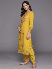 Indo Era Yellow Embroidered Straight Kurta Trousers With Dupatta Set