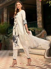 White Embroidered Straight Kurta Trousers With Dupatta set