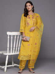 Indo Era Yellow Embroidered Straight Kurta Trousers With Dupatta Set